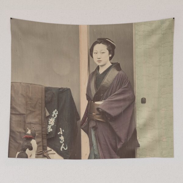 Item preview, Vintage Japanese Woman With Cat and Musical Instrument designed and sold by AnimaliaStar.