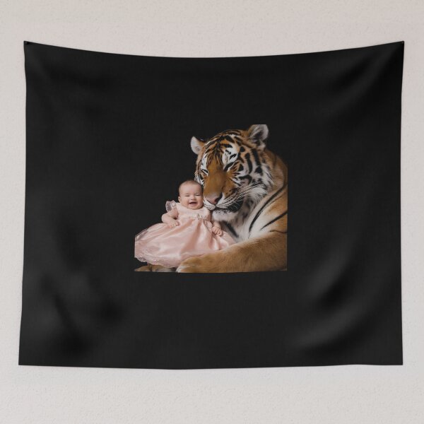 Item preview, Tiger, with its Eyes Closed and a Content Expression, is Nestled Close to the Baby, Almost as if they are Cuddling designed and sold by macadolie.