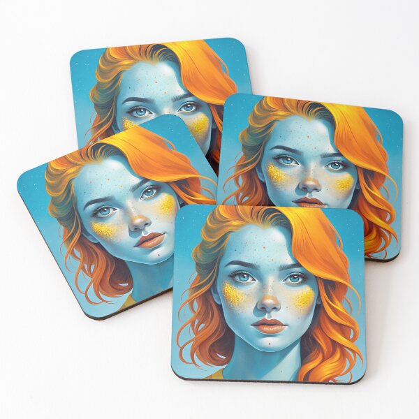 Item preview, Girl with red hair print, sticker, art illustration, in blue and orange tones, girl cover, portrait cover designed and sold by Yunasak.