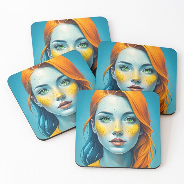 Item preview, Girl with red hair print, sticker, art illustration, in blue and orange tones, girl cover, portrait cover designed and sold by Yunasak.
