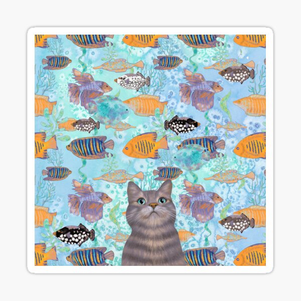 The fish thief - cute cat aqua pattern Sticker