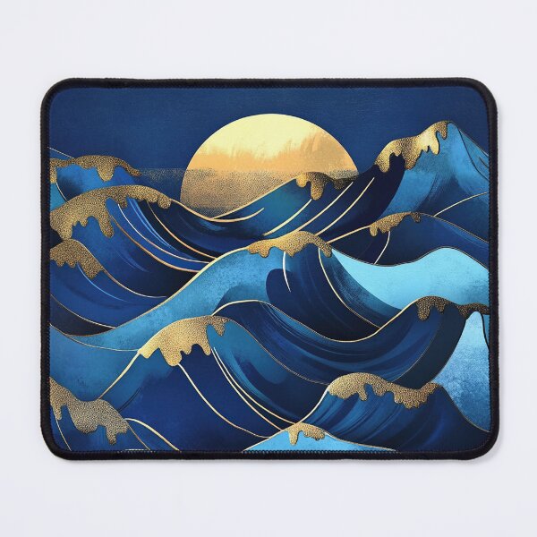 Item preview, Art Deco Wave Sea Blue Moon Gold designed and sold by ArtHouseNiklas.