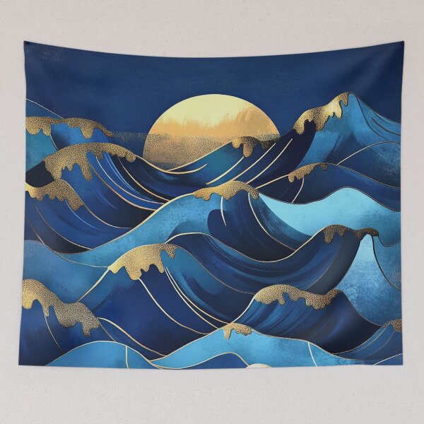 Item preview, Art Deco Wave Sea Blue Moon Gold designed and sold by ArtHouseNiklas.
