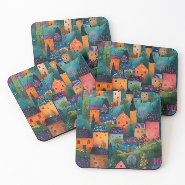 Item preview, Colorful whimsical village scene with many houses. designed and sold by Artessie.