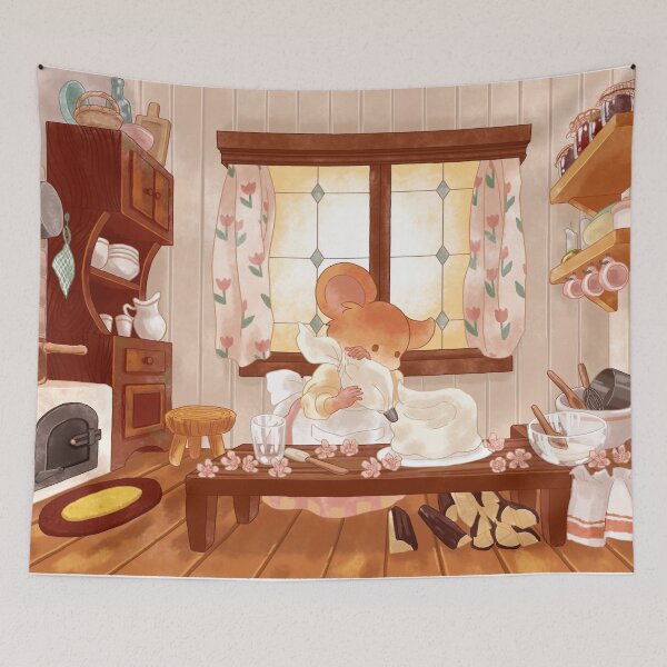 Item preview, Cottagecore Mouse Making a Cake Inside a Cozy Cottage designed and sold by Jieul.