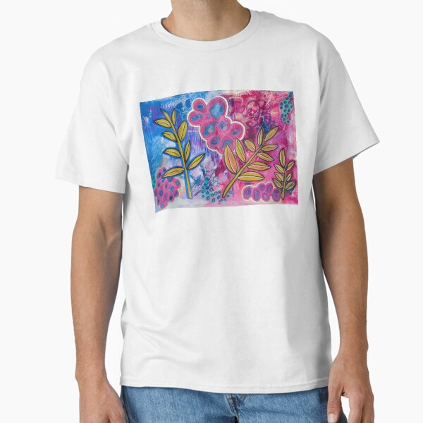Vista previa del artículo con la obra «Abstracto botánico salvaje rosa y azul pintado a mano», diseñado y vendido por LucyEShaw.