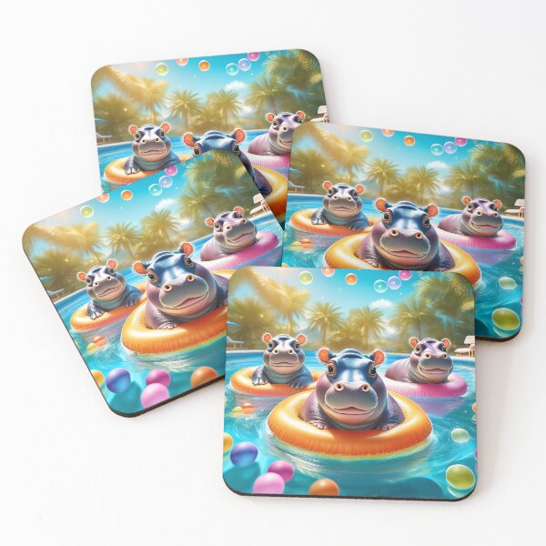 Item preview, Cute baby hippos floating with rubber rings and bubbles in a summer pool party pattern designed and sold by Little KAIJU.