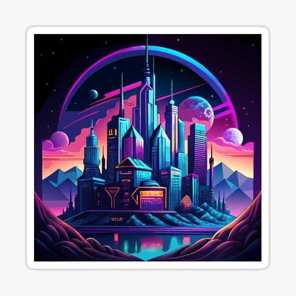 Artikel-Vorschau von futuristisches Cyberpunk-T-Shirt-Design mit einer neonbeleuchteten Skyline., designt und verkauft von wiewstudio2000.