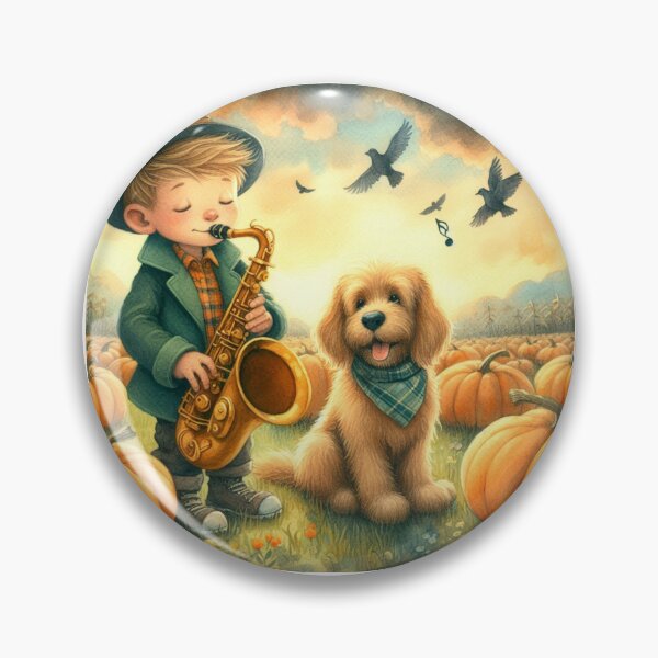 Item preview, Boy Playing Saxophone with Dog and Birds in Pumpkin Patch on Cloudy Day designed and sold by ElegantTeaTime.