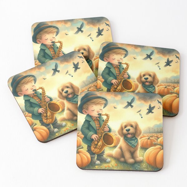 Item preview, Boy Playing Saxophone with Dog and Birds in Pumpkin Patch on Cloudy Day designed and sold by ElegantTeaTime.