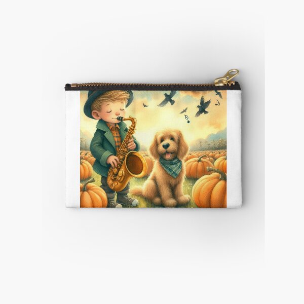 Item preview, Boy Playing Saxophone with Dog and Birds in Pumpkin Patch on Cloudy Day designed and sold by ElegantTeaTime.