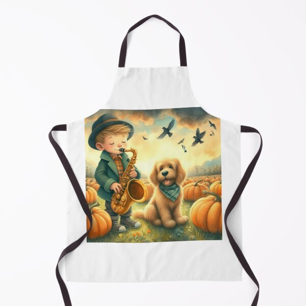 Item preview, Boy Playing Saxophone with Dog and Birds in Pumpkin Patch on Cloudy Day designed and sold by ElegantTeaTime.
