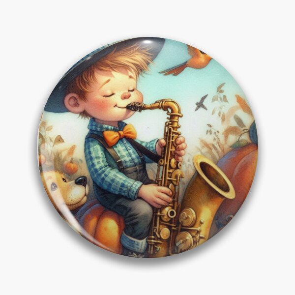 Item preview, Boy with Hat and Bowtie Playing Saxophone with Dog and Birds in Pumpkin Patch designed and sold by ElegantTeaTime.