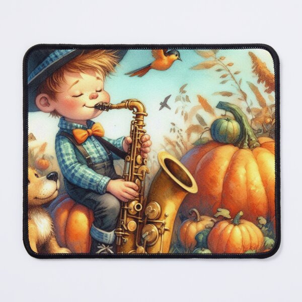 Item preview, Boy with Hat and Bowtie Playing Saxophone with Dog and Birds in Pumpkin Patch designed and sold by ElegantTeaTime.
