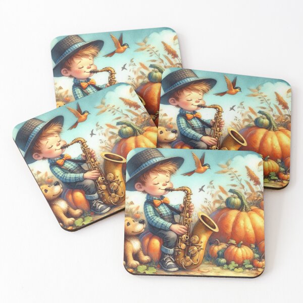 Item preview, Boy with Hat and Bowtie Playing Saxophone with Dog and Birds in Pumpkin Patch designed and sold by ElegantTeaTime.