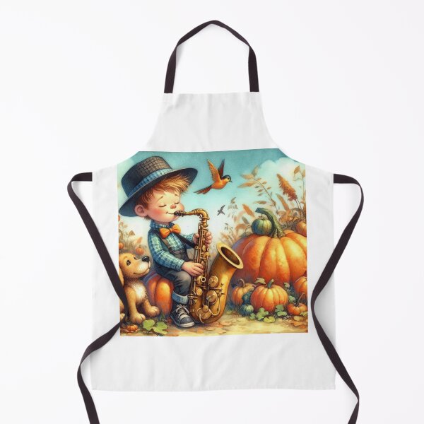 Item preview, Boy with Hat and Bowtie Playing Saxophone with Dog and Birds in Pumpkin Patch designed and sold by ElegantTeaTime.