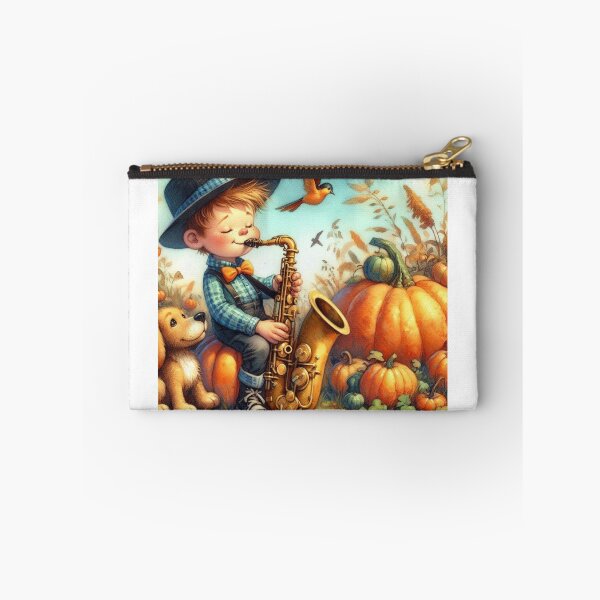Item preview, Boy with Hat and Bowtie Playing Saxophone with Dog and Birds in Pumpkin Patch designed and sold by ElegantTeaTime.