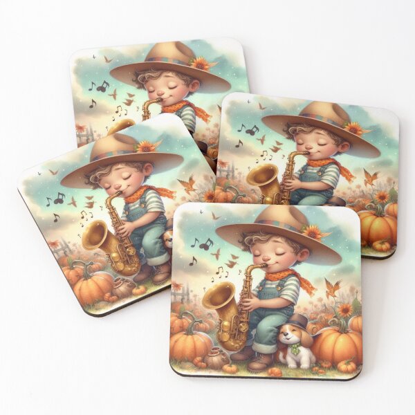 Item preview, Boy with Hat Playing Saxophone with Puppy and Birds in Pumpkin Patch designed and sold by ElegantTeaTime.
