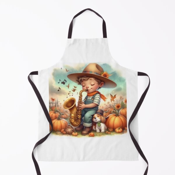 Item preview, Boy with Hat Playing Saxophone with Puppy and Birds in Pumpkin Patch designed and sold by ElegantTeaTime.