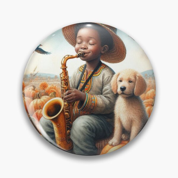 Item preview, Boy in Traditional African Attire Playing Saxophone with Puppy Dog and Birds in Field of Pumpkins designed and sold by ElegantTeaTime.
