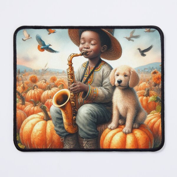 Item preview, Boy in Traditional African Attire Playing Saxophone with Puppy Dog and Birds in Field of Pumpkins designed and sold by ElegantTeaTime.