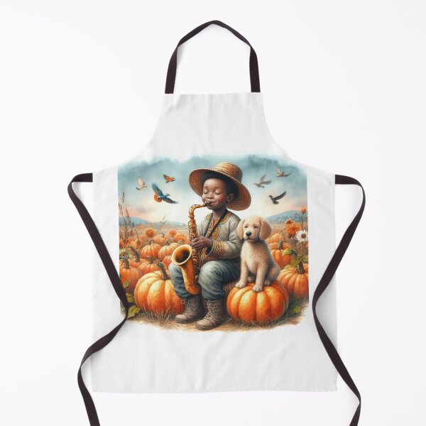 Item preview, Boy in Traditional African Attire Playing Saxophone with Puppy Dog and Birds in Field of Pumpkins designed and sold by ElegantTeaTime.