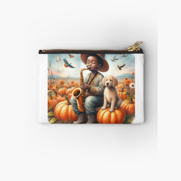 Item preview, Boy in Traditional African Attire Playing Saxophone with Puppy Dog and Birds in Field of Pumpkins designed and sold by ElegantTeaTime.