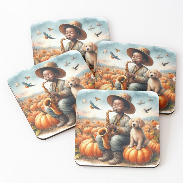 Item preview, Boy in Traditional African Attire Playing Saxophone with Puppy Dog and Birds in Field of Pumpkins designed and sold by ElegantTeaTime.
