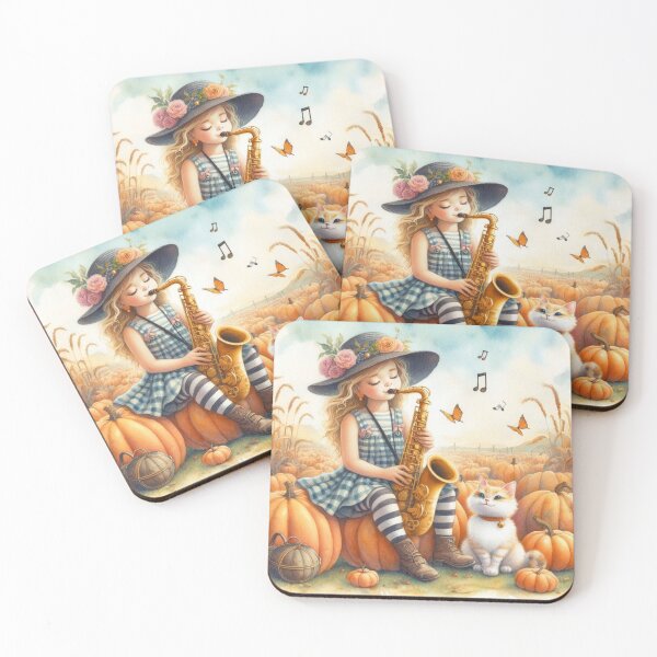 Item preview, Girl Playing Saxophone with Orange Tabby Cat and Butterflies in Field of Pumpkins designed and sold by ElegantTeaTime.