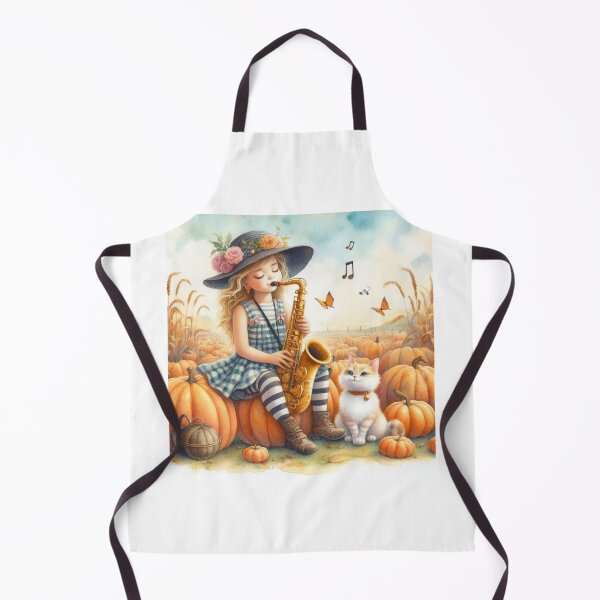 Item preview, Girl Playing Saxophone with Orange Tabby Cat and Butterflies in Field of Pumpkins designed and sold by ElegantTeaTime.