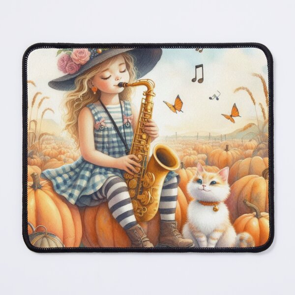 Item preview, Girl Playing Saxophone with Orange Tabby Cat and Butterflies in Field of Pumpkins designed and sold by ElegantTeaTime.