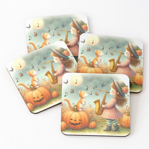Item preview, Girl Playing Saxophone with Orange Tabby Cat and Butterflies in Pumpkin Patch with Jack O Lantern designed and sold by ElegantTeaTime.