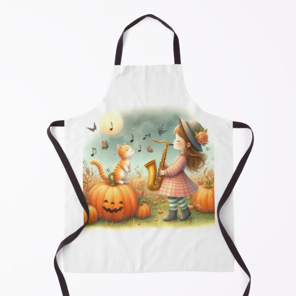 Item preview, Girl Playing Saxophone with Orange Tabby Cat and Butterflies in Pumpkin Patch with Jack O Lantern designed and sold by ElegantTeaTime.