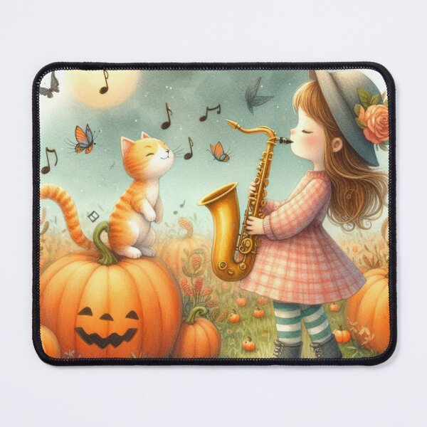 Item preview, Girl Playing Saxophone with Orange Tabby Cat and Butterflies in Pumpkin Patch with Jack O Lantern designed and sold by ElegantTeaTime.
