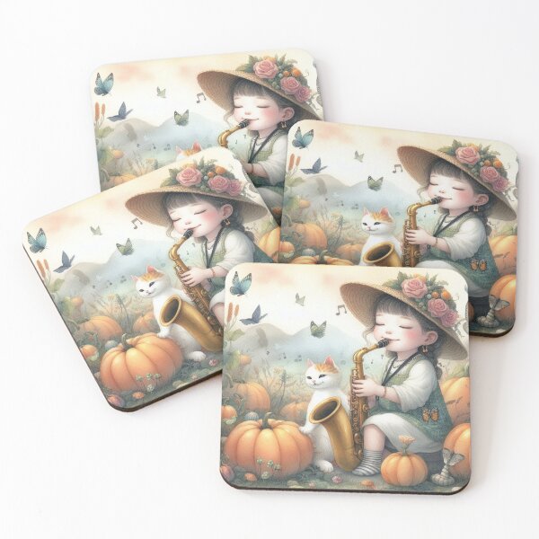 Item preview, Girl Playing Saxophone with Cat and Butterflies in Pumpkin Patch in Mountains designed and sold by ElegantTeaTime.