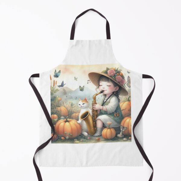 Item preview, Girl Playing Saxophone with Cat and Butterflies in Pumpkin Patch in Mountains designed and sold by ElegantTeaTime.