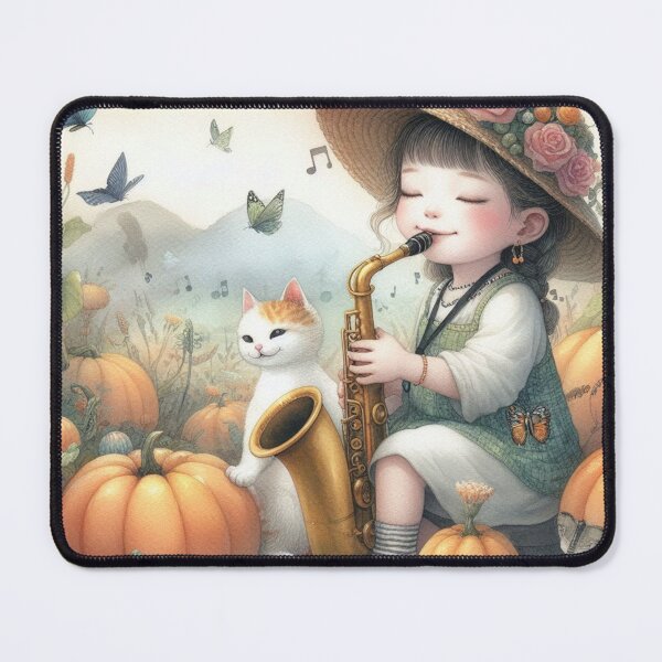 Item preview, Girl Playing Saxophone with Cat and Butterflies in Pumpkin Patch in Mountains designed and sold by ElegantTeaTime.