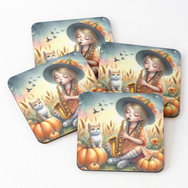Item preview, Girl Playing Saxophone with Orange Tabby Cat and Birds in Pumpkin Patch at Sunset designed and sold by ElegantTeaTime.