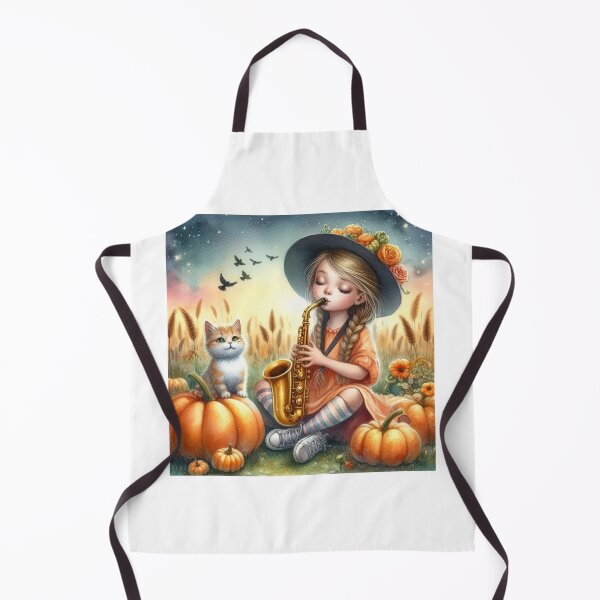 Item preview, Girl Playing Saxophone with Orange Tabby Cat and Birds in Pumpkin Patch at Sunset designed and sold by ElegantTeaTime.