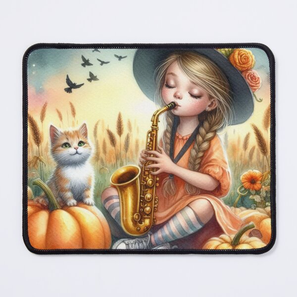 Item preview, Girl Playing Saxophone with Orange Tabby Cat and Birds in Pumpkin Patch at Sunset designed and sold by ElegantTeaTime.