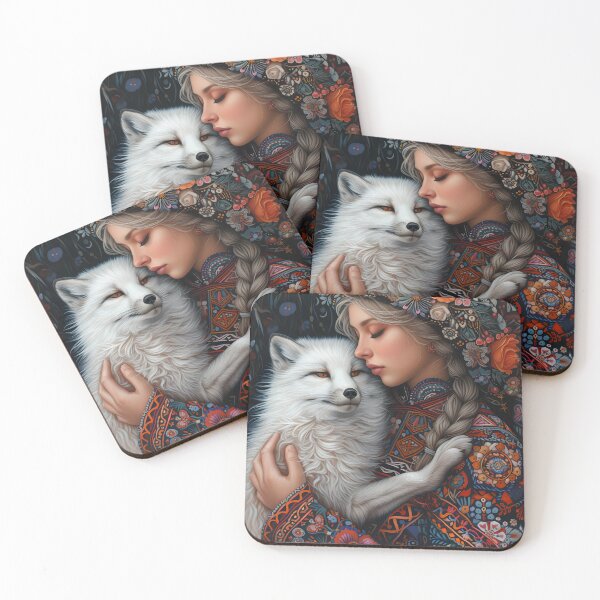 Item preview, Woman and arctic fox in floral attire embrace gently designed and sold by Artessie.