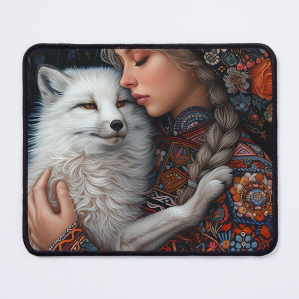 Item preview, Woman and arctic fox in floral attire embrace gently designed and sold by Artessie.