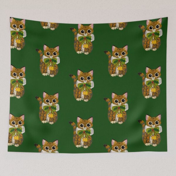 Item preview, Christmas bug eyes Cat with Holly and Bells – Whimsical Holiday Folk Art by Jemma Jamie designed and sold by Jemma Jamie Skidmore.