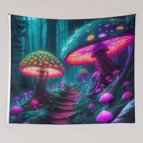 Item preview, Beautiful fantasy style illuminated mushrooms alongside a forest path designed and sold by DaydreamerDzine.