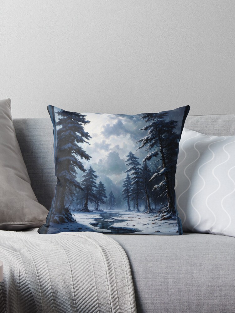 Mystical Winter Forest Under A Moonlit Sky Captivating AI Concept Art by Xzendor7 Decorative Art Print Throw Pillow