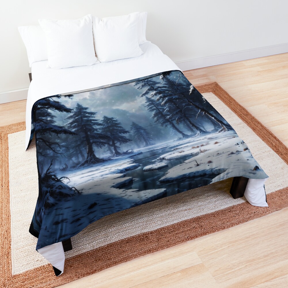 Mystical Winter Forest Under A Moonlit Sky Captivating AI Concept Art by Xzendor7 Decorative Art Print Comforter