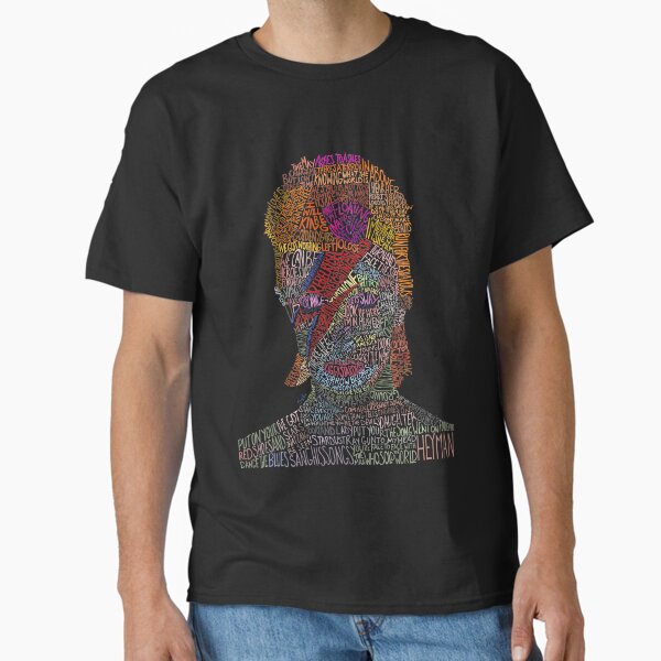 Vista previa del artículo con la obra «Retrato colorido de David Bowie con letras y citas», diseñado y vendido por Sydni Rubio.