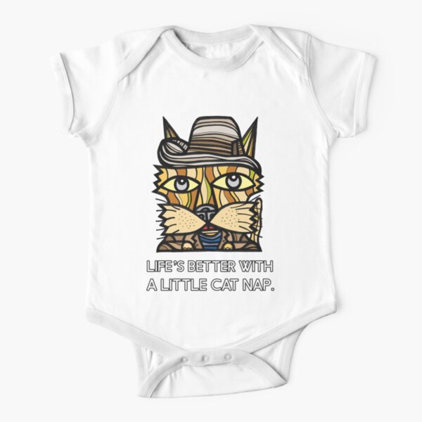 "Life's Better with a Little Cat Nap." Short Sleeve Baby One-Piece