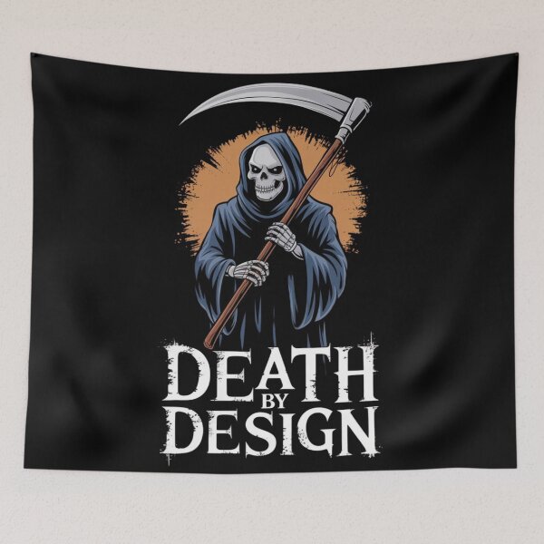 Item preview, Grim reaper holding a scythe in dark attire with a striking orange background, illustrating the concept of death by design designed and sold by Reichcorp.