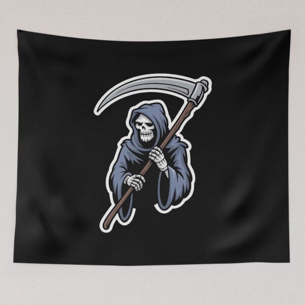 Item preview, Grim reaper holding a scythe in dark attire with a striking orange background, illustrating the concept of death by design designed and sold by Reichcorp.